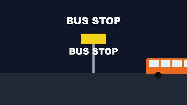 Orange bus arriving at bus stop sign animation for urban transportation and public transit concepts 4k