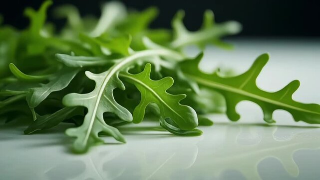 Cinematic macro video of fresh arugula being placed on a white surface, captured in slow motion