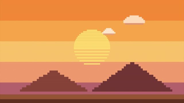 Pixel Art Sunset Retro Sun Mesa Desert 8 Bit Orange Sky Clouds Game Background Looping Animation