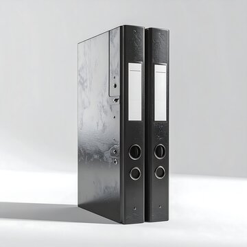 Black Binders and Metallic Box on White Background.