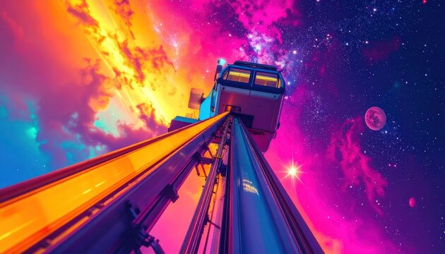 Vibrant colorful rollercoaster in space galaxy.