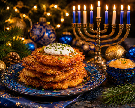 Festive Hanukkah celebration with menorah and traditional treats. Jewish holiday scene with candles and gelt.