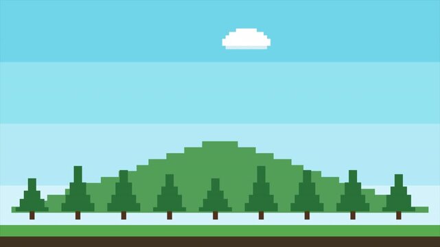 Pixel Art Pine Forest Trees Blue Sky Clouds 8 Bit Retro Game Background Looping Animation