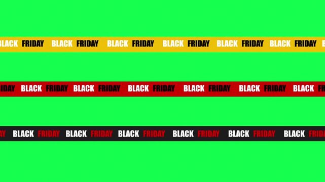 Black Friday Animated Caution Ticker Tape Strips in Yellow, Red, and Black on Green Screen Background Animation.