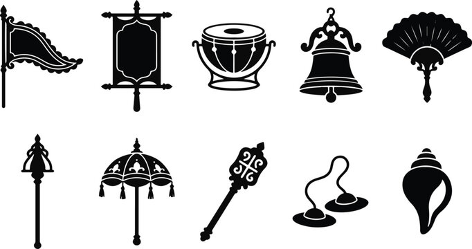 Set of traditional indian religious and cultural symbols featuring temple artifacts and ceremonial objects in black silhouette style