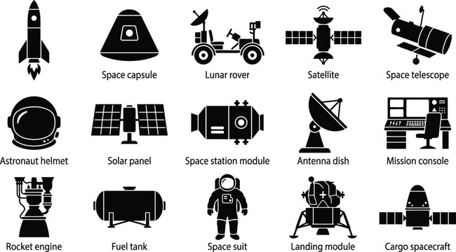 Premium black and white silhouette collection set space exploration icons vector graphics