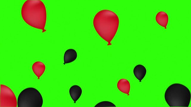Red and Black Balloons Floating Upward on Chroma Key Green Screen Background Loop Animation.