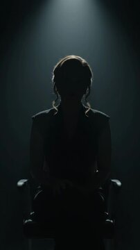 Silhouette of an anonymous man in suit sitting in a chair under single spotlight in dark room. Vertical video