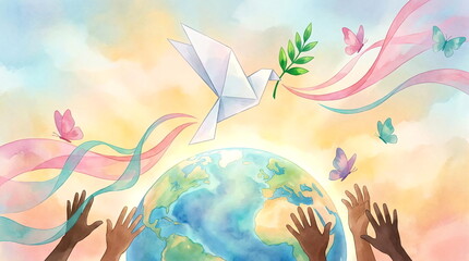 Fototapeta premium Watercolor illustration of earth with hands and origami bird.