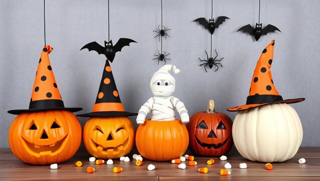 Funny halloween pumpkins wearing witch hats with a ghost and hanging bats