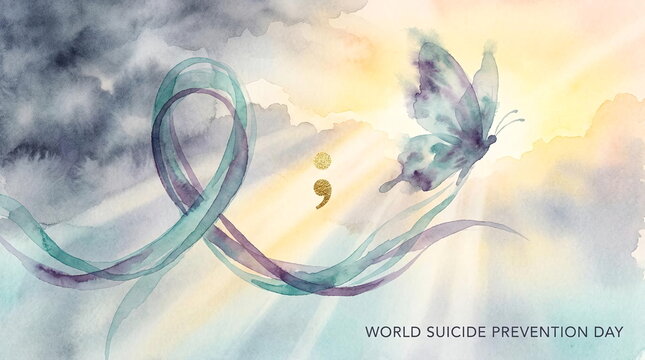 Watercolor semicolon butterfly and teal purple suicide prevention ribbon.