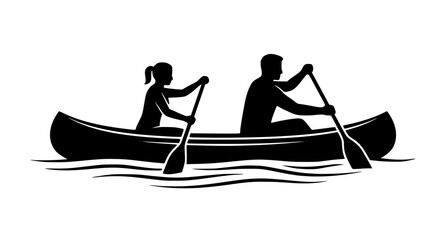 Traditional Canoe with Two People Paddling Black Silhouette Vector Icon © MdAbdus