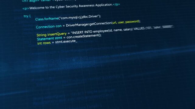 Cyber Security Awareness Application and Hacking Warning Code Script Scrolling on Blue Grid Screen Loop Animation