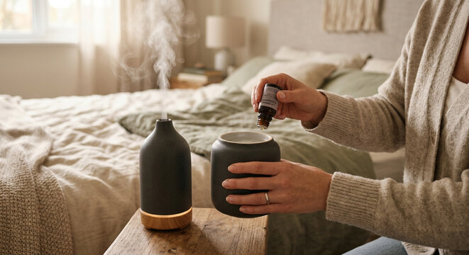 Woman adding essential oil to a modern ceramic aromatherapy diffuser in a cozy bedroom.