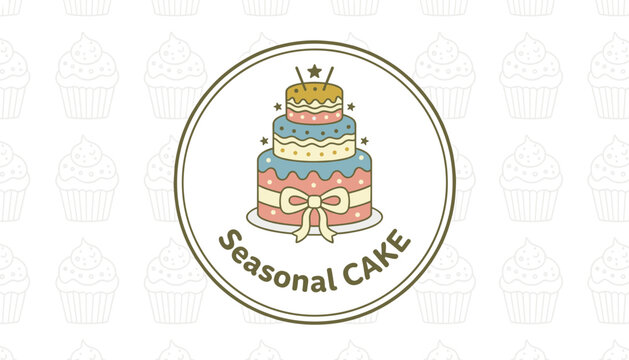 Elegant circular emblem for seasonal cake shop featuring giant multi tiered celebration cake with decorative bows.