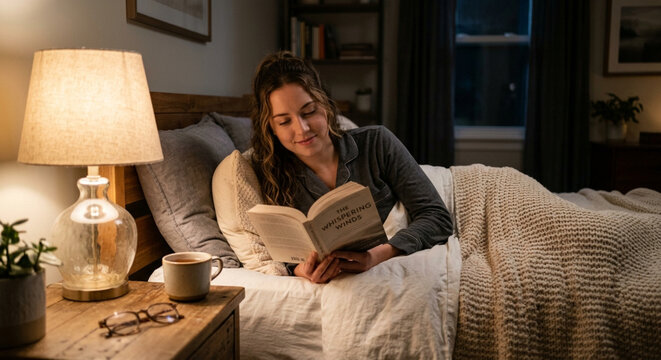 Young woman reading a book in bed at night with warm lamp light.