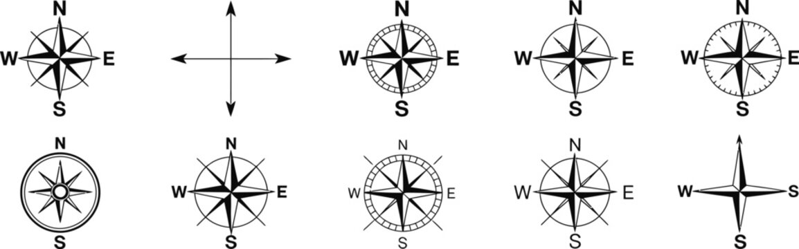 Directional Compass Points N, S, W, and E Icons with Navigation Arrow Symbols for GPS Interfaces, Location Apps, and Web Design