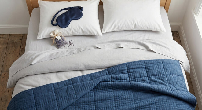 A comfortable bed with a blue weighted blanket and a lavender sachet for relaxation.
