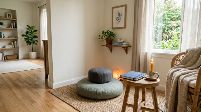 Minimalist living room interior with meditation cushions and natural wooden furniture in a cozy home.