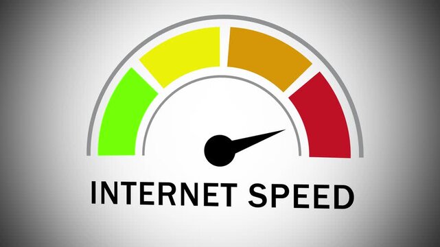 Dynamic internet speed test gauge animation featuring a moving needle indicating high-speed broadband connectivity, network performance metrics, and digital data transfer rates for modern