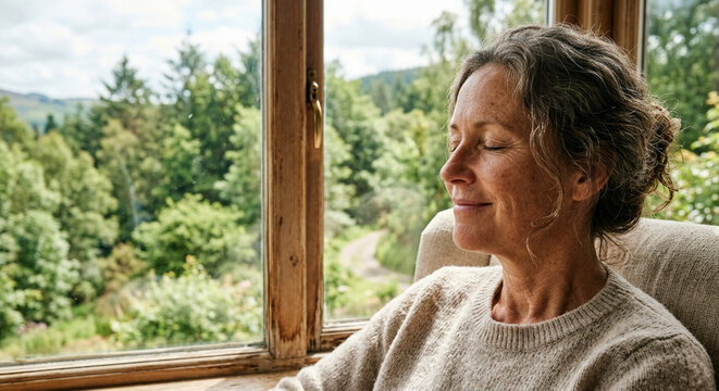 Mature woman sitting by a window relaxing and enjoying the peaceful nature view.