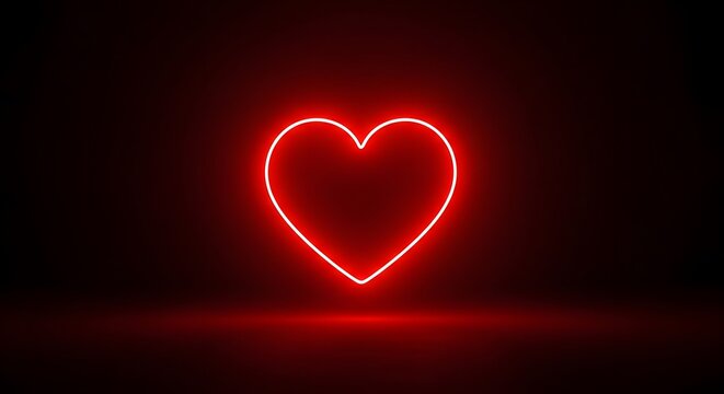 Neon heart sign glowing in dark. Romantic love symbol with vibrant red light.