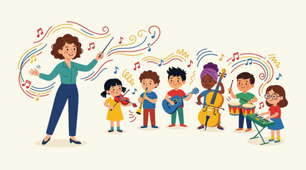 Fototapeta premium Children's Orchestra Led by Teacher