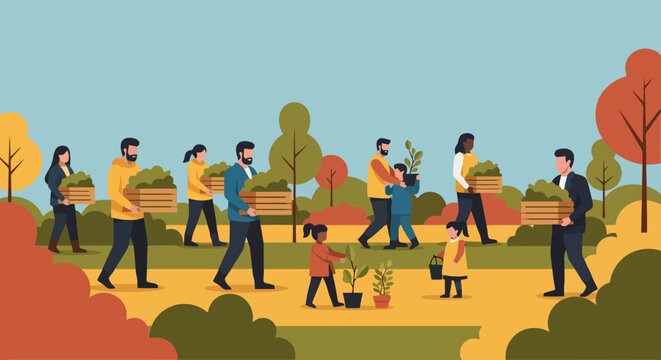 Diverse families and community plant trees for environmental conservation in autumn park