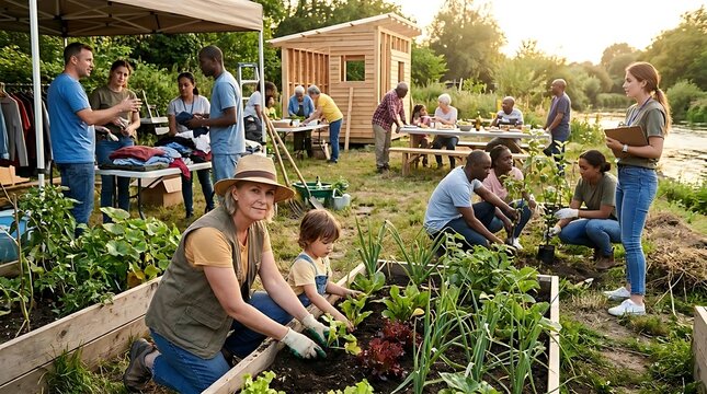 Diverse group of people gardening in community vegetable plot.