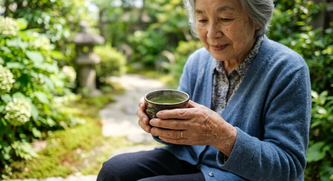 An elderly Japanese woman holding a warm cup of green tea in a peaceful garden.