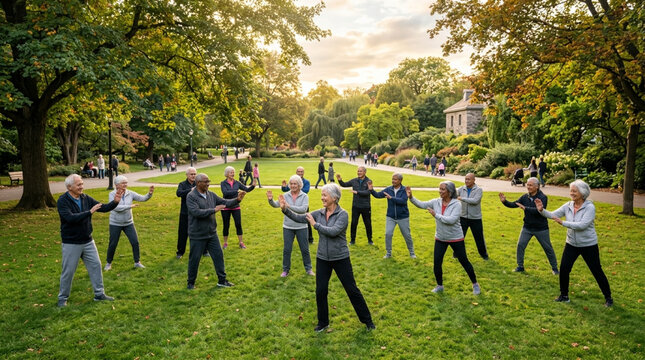 Diverse group of active seniors practicing tai chi together in a lush green public park.
