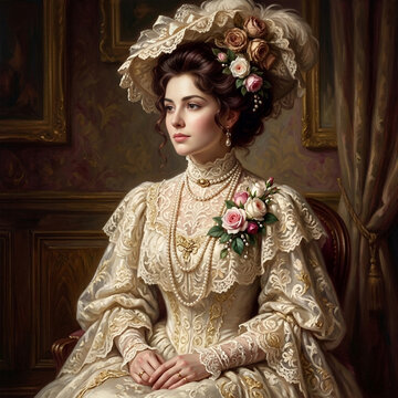 Elegant Victorian Woman Portrait, Lace Dress, Pearl Jewelry, Floral Hat