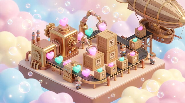 Whimsical pastel candy factory producing glowing pink hearts.