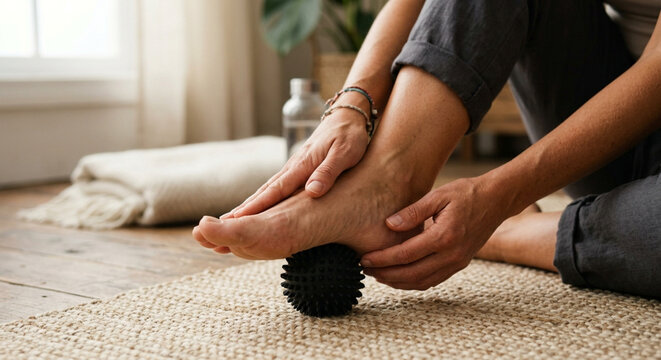 Woman using a spiky massage ball to relieve foot pain and tension at home.