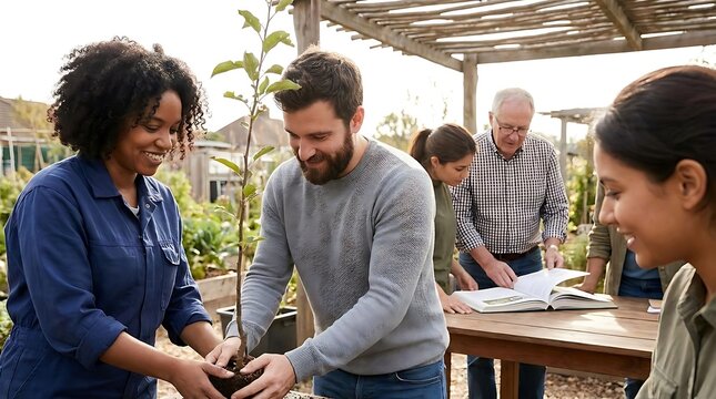 Diverse group of people planting young tree outdoors.