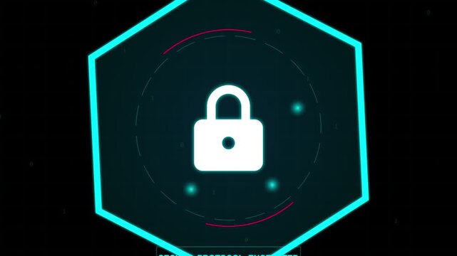 Digital security lock icon on futuristic hexagon background with glowing particles.