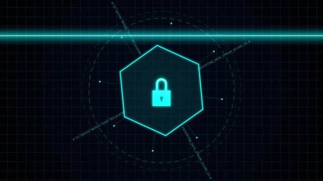 Digital security lock icon on futuristic dark background with glowing lines and dots.