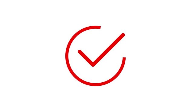 Red animated check mark symbol appearing inside circular outline on clean white background clip
