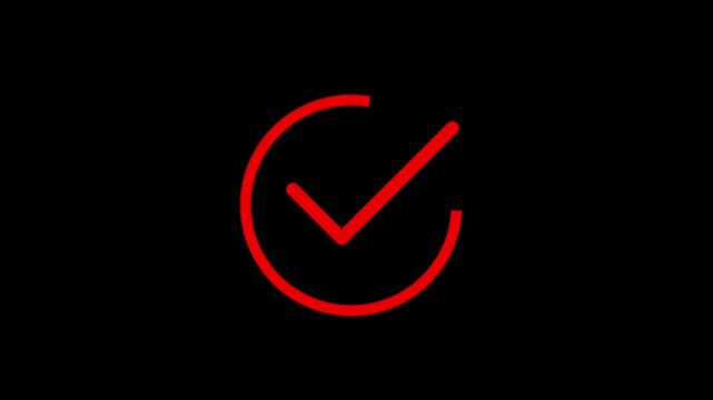 Red check mark inside circle animates on black background, loading complete success verification concept