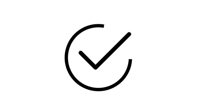 Minimalist black animated checkmark icon appearing inside circle against white background clip