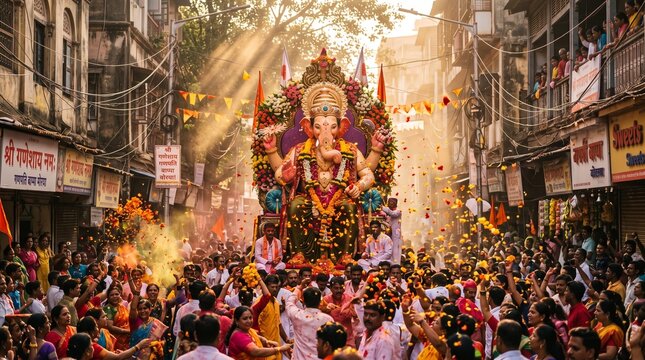 Ganesha Chaturthi, a grand procession on the streets with Ganesha idols on palanquins carried by dhoti clad men, spectators on both sides of the road, Ai generated images