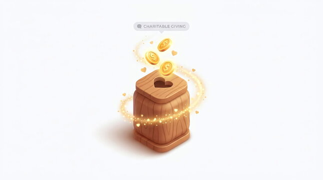 Wooden money box with floating glowing gold coins illustration.