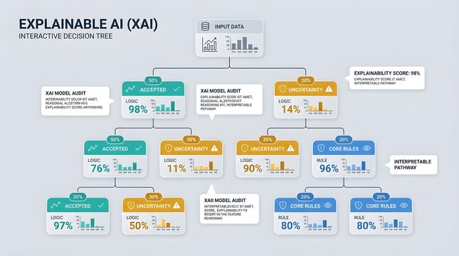 Abstract Interactive Decision Tree Diagram with Data Charts in Light Blue and Gray Style
