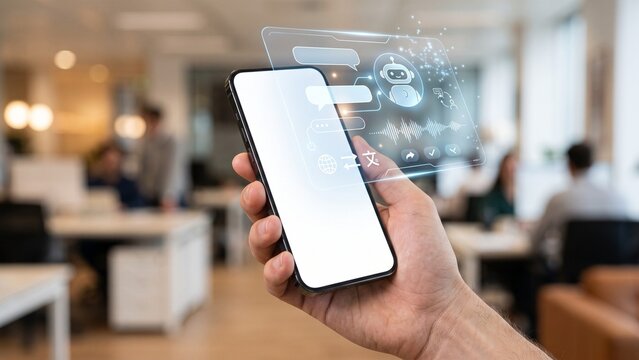Person holding a smartphone with an advanced artificial intelligence chatbot interface hologram projecting from the screen for modern business communication