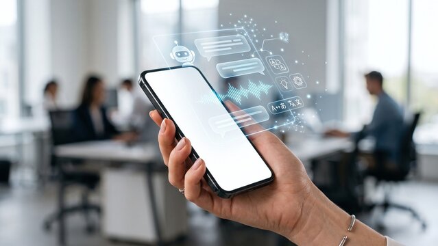 Hand holding smartphone with futuristic holographic chat interface and digital voice assistant in a modern office