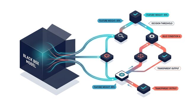 Explainable AI (XAI) black box deconstructing a complex model into an interpretable decision tree.