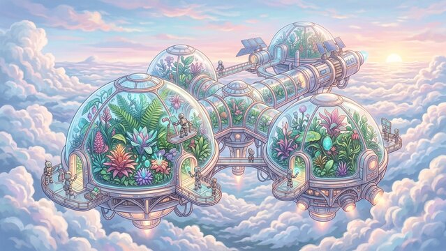 Futuristic solarpunk biosphere floating in the clouds at sunset with lush gardens inside glass domes