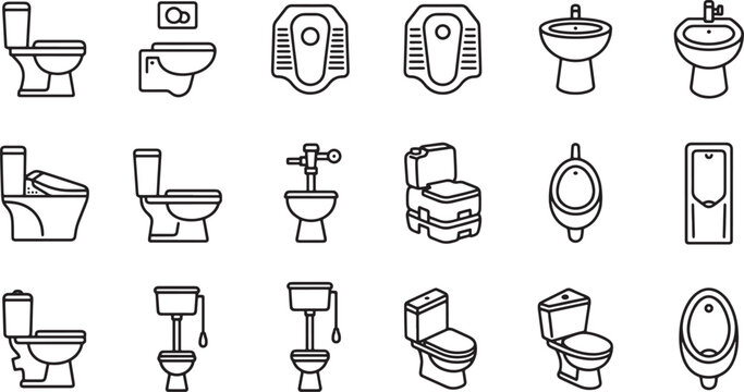 Set of bathroom sanitary ware icons featuring various toilet bowls urinals and washbasins in thin line style