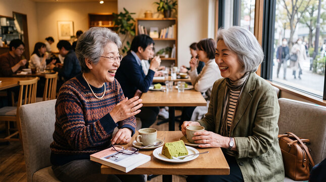 カフェで話す高齢女性