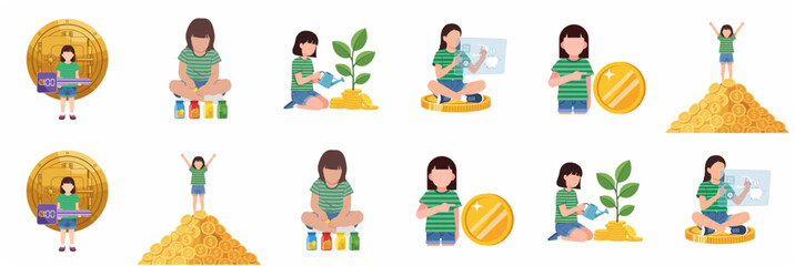 Fototapeta premium Little girl learning financial literacy, saving money in jars, investing in growth, and digital banking concept for children